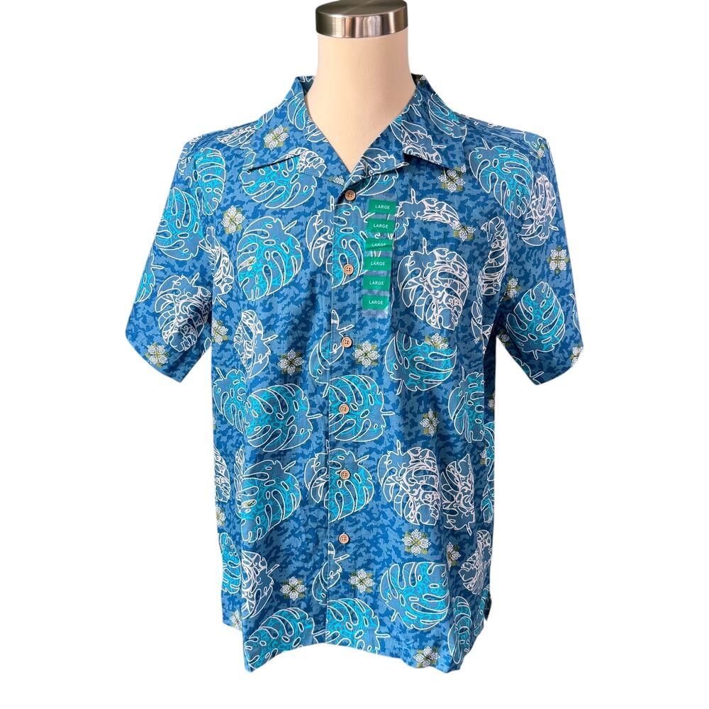 Barefoot in Paradise NWT L Blue Tropical Leaf Cotton Resort Shirt